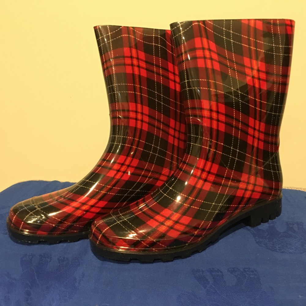 Red Plaid Rain Boots